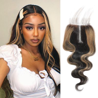 AUROO #27 Honey Blonde Highlight 5x5 Lace Closure Only Human Hair Body Wave 16 Inch, 100% 12A Virgin Hair Ombre Skunk Stripe HD Transparent Lace Closure Pre Plucked with Baby Hair Sew In 150% Density