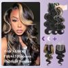 AUROO #27 Honey Blonde Highlight 5x5 Lace Closure Only Human Hair Body Wave 16 Inch, 100% 12A Virgin Hair Ombre Skunk Stripe HD Transparent Lace Closure Pre Plucked with Baby Hair Sew In 150% Density view 4
