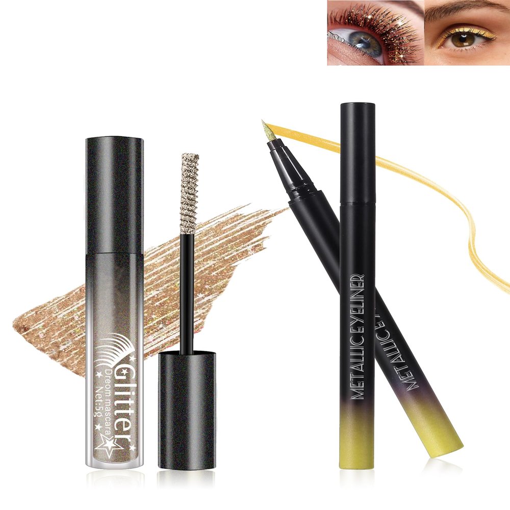 Glitter Gold Mascara and Eyeliner Set, Metallic Shimmer Mascara Volume and Length, Waterproof Long Lasting Liquid Eyeliner Pencil, Mascaras for Eyelash & Eye Liner Duo for Women Christmas Makeup Gift