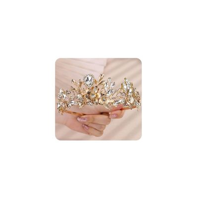 Teyglen Gold Crystal Wedding Crown Tiara Bridal Headband Flower Leaf Headpiece Handmade Gold Leaf Hair Crown Hair Jewelry for Women Festival Party Prom