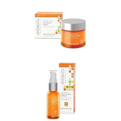 Andalou Naturals Turmeric + C Enlighten Serum 1.1fl oz & Pumpkin Honey Glycolic Mask 1.7fl oz Brightening & Exfoliating Value Bundle