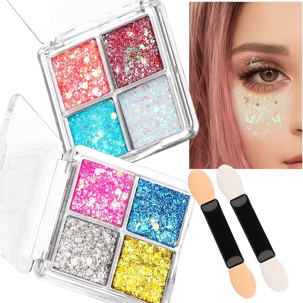 FANDAMEI Face Glitter, Body Glitter for Women, 2PCS 8 Colors Glitter Gel for Face, Hair Glitter for Kids, Fairy Rave Mermaid Makeup