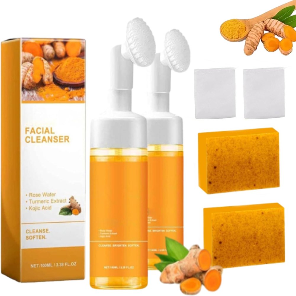 Turmeric Wash And Care Two Piece Set, Turmeric Two Pieceset, Turmeric Bundle, Turmeric Cleansing Mousse, Turmeric Facial Cleanser, Turmeric Face Wash With Brush, For All Skin Types (2 Set)