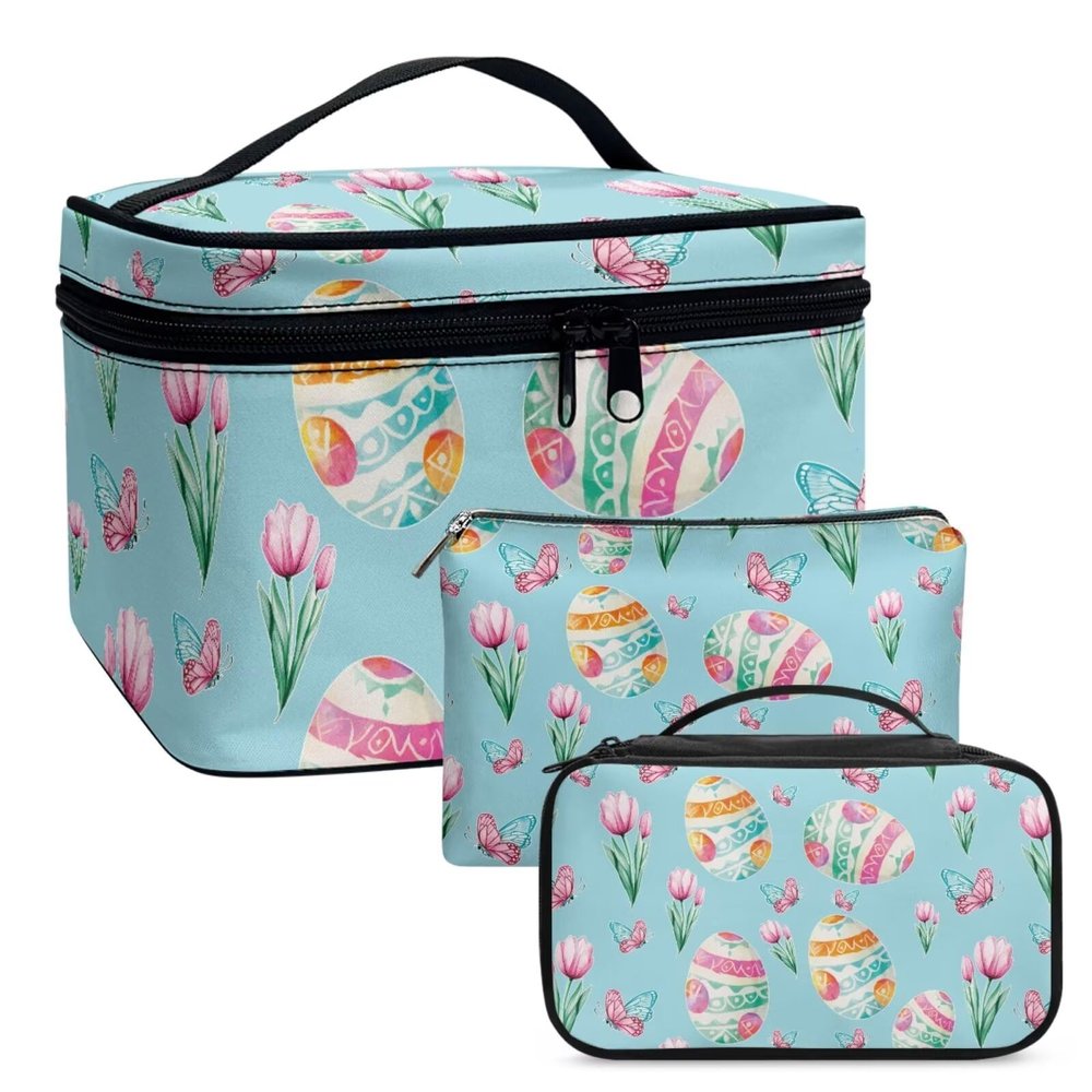 Glorowreny Tulips Large Makeup Capacity Cosmetic Storage Skin Care Organizer Easter Eggs Cosmetic Bags for Daily Use 3 Piece Womens Zippered Beauty Bags Light Blue