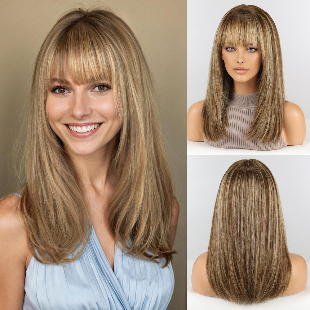RSY 16 Inch Ash Brown Human Hair Wigs for Women, Straight Wig with Bangs,Wear Natural Realism,Real human hair