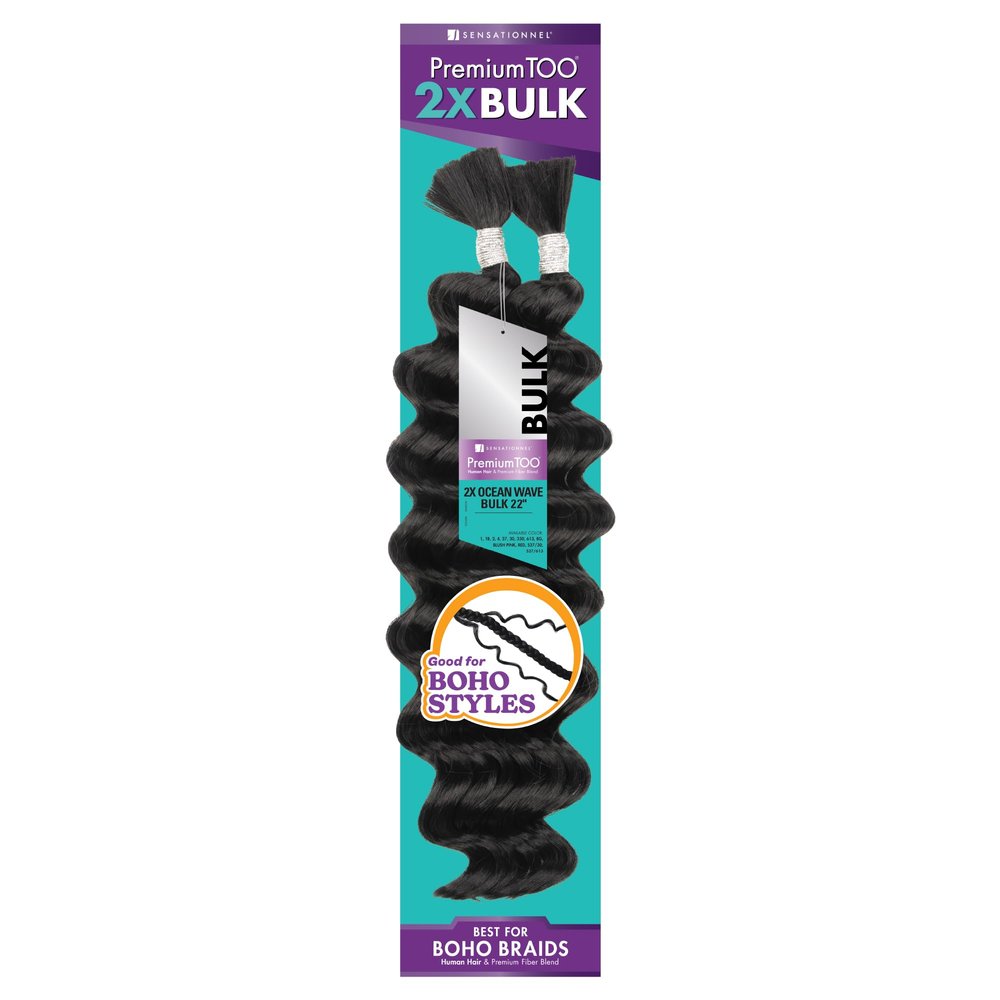 Sensationnel PremToo bulk weaving  2x ocean wave human hair blend for boho, knotless box or curly loose wave styles - 1 pack (22 inch, BG BURGUNDY)