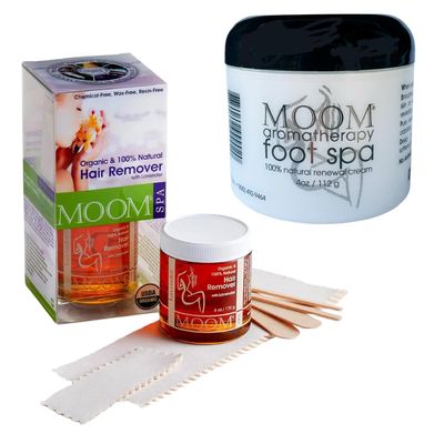 MOOM Organic Sugar Wax Hair Removal Kit & Aromatherapy Foot Spa Bundle Lavender Waxing Kit (6 oz) with Strips & Sticks + 100% Natural Foot Cream for Smooth, Moisturized Skin
