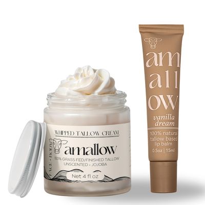 Amallow 100% Grass Fed Beef Tallow Skincare & Lip Balm Set - Whipped Moisturizer for Face & Body (Unscented + Jojoba Oil) + All Natural Tallow Lip Balm (Vanilla Dream)