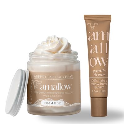 Amallow 100% Grass Fed Beef Tallow Skincare & Lip Balm Set - Whipped Moisturizer for Face & Body (Vanilla Latte) + All Natural Tallow Lip Balm (Vanilla Dream)