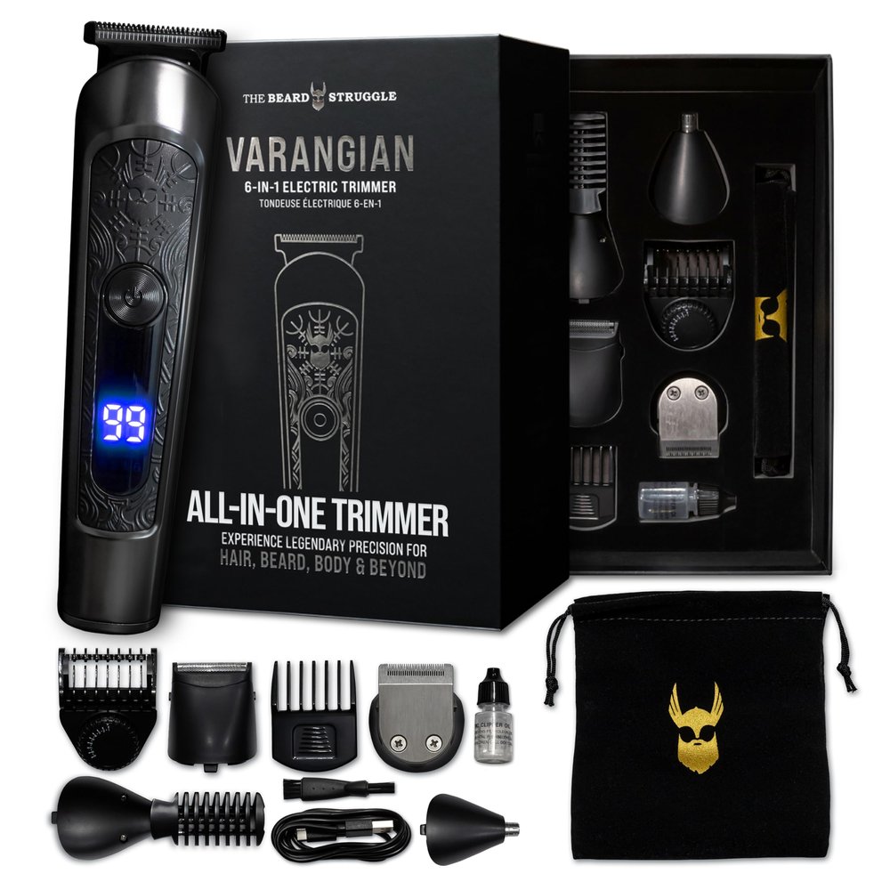 The Beard Struggle Varangian Beard Trimmer 6-in-1 for Hair, Beard, Body & Beyond, Titanium Blade, 17 Length Adjustable Blade with Digital LED Display, Cordless Waterproof Wet/Dry Clipper