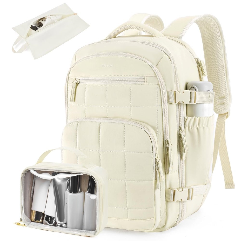 Telena Makeup Bag with Travel Backpack Carry on Flight Approved, 17.3 inch Laptop Backpack Quilted College Bookbag Personal Item Travel Bags for Women Beige