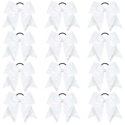 12PCS Glitter Cheer Bow Large White Cheer Bows Rhinestones Hair Bows Girls 7"Cheerleading Bows Bulk Elastic Band Ponytail Holder for Teen Girls College Sports Competition