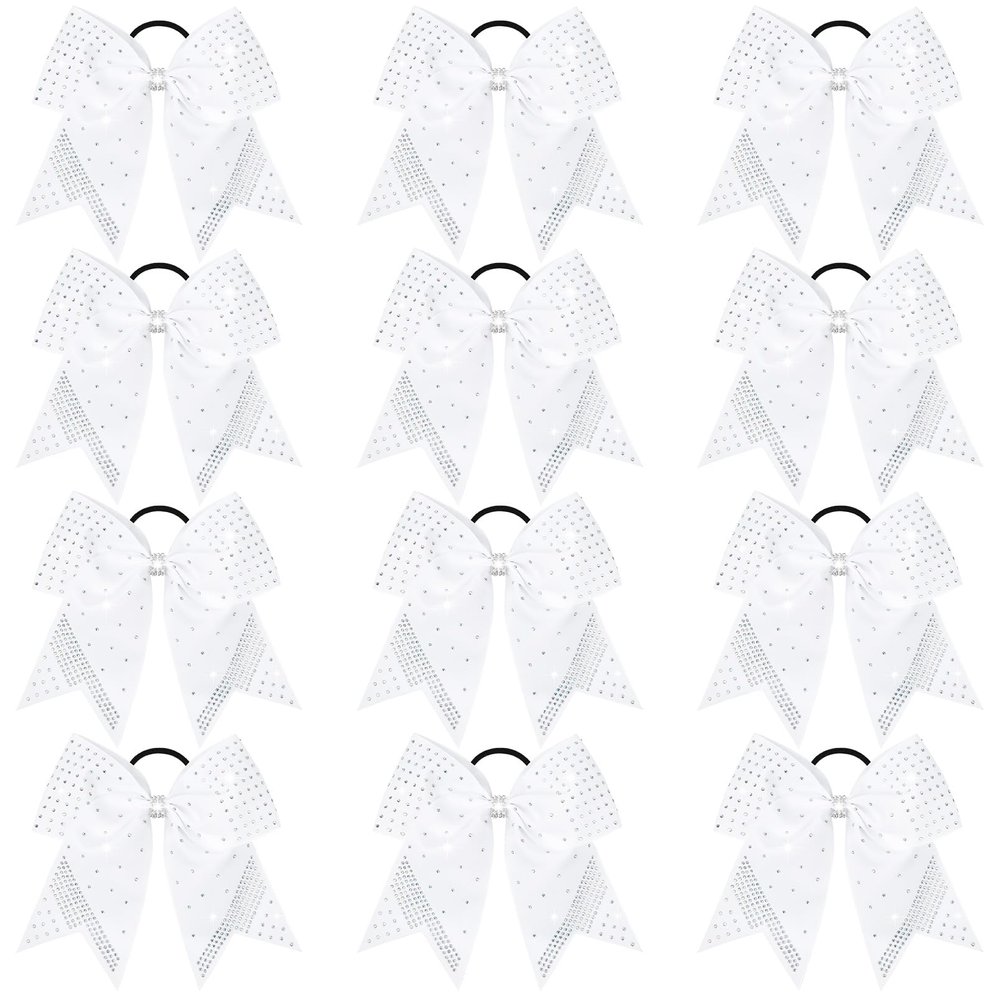 12PCS Glitter Cheer Bow Large White Cheer Bows Rhinestones Hair Bows Girls 7"Cheerleading Bows Bulk Elastic Band Ponytail Holder for Teen Girls College Sports Competition