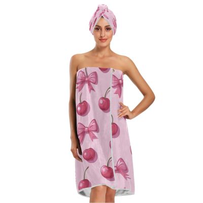 Bulletgxll Cherry and Bows Women's Shower Wrap Towel Set of 3 Adjustable Spa Body Wrap Super Absorbent Bathrobe with Hair Towel & Headband