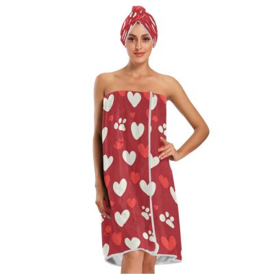 Bulletgxll Red Hearts Women's Shower Wrap Towel Set of 3 Adjustable Spa Body Wrap Super Absorbent Bathrobe with Hair Towel & Headband