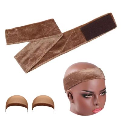 Funyn Wig Grip headband Elastic Scarf Headband, Adjustable Wig Grip band with Mesh Caps, for Keeping Wigs in Place (light brown, 21.6inch)