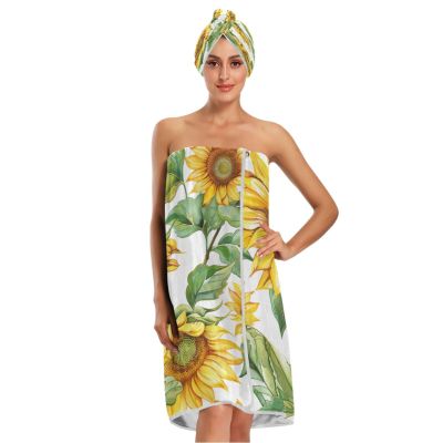 Bulletgxll Watercolor Sunflowers Women's Shower Wrap Towel Set of 3 Adjustable Spa Body Wrap Super Absorbent Bathrobe with Hair Towel & Headband