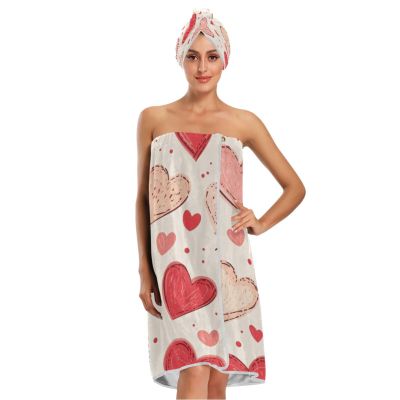 Bulletgxll Valentine's Day Hearts Women's Shower Wrap Towel Set of 3 Adjustable Spa Body Wrap Super Absorbent Bathrobe with Hair Towel & Headband