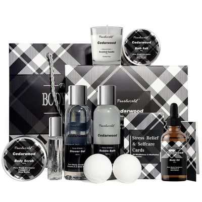12Pcs Men's Spa Gift Set - Cedarwood Bath & Body Care Kit, Home Spa Set with Natural, Perfect Gifts for Men - Father's Day, Birthday, Valentine's & Christmas