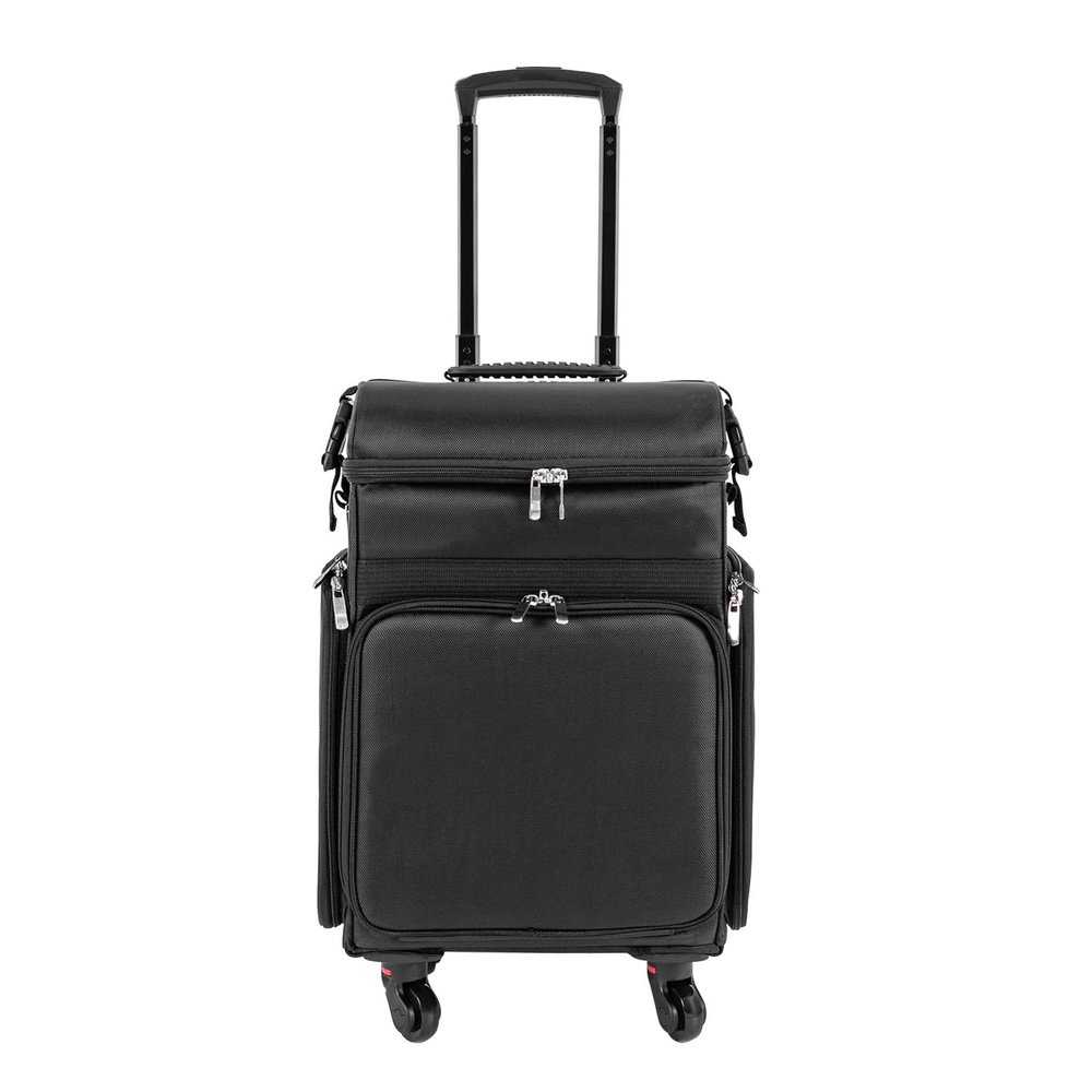 LOHISHILO Makeup Rolling Train Case Large Storage Cosmetic Trolley, Professional Cosmetic Organizer Box with Detachable WheelsSalon Barber Case Traveling Cart Trunk, Black 14.17 * 10.24 * 18.9in