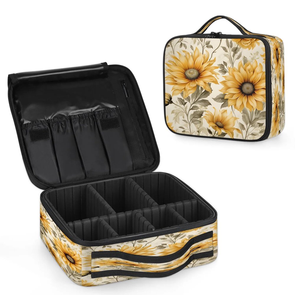 Makeup Bag Large Makeup Train Case Flower Sunflower Makeup Organizer Bag Portable Cosmetic Bags with Dividers Waterproof Travel Makeup Bag Toiletry Bag Makeup Case for Women