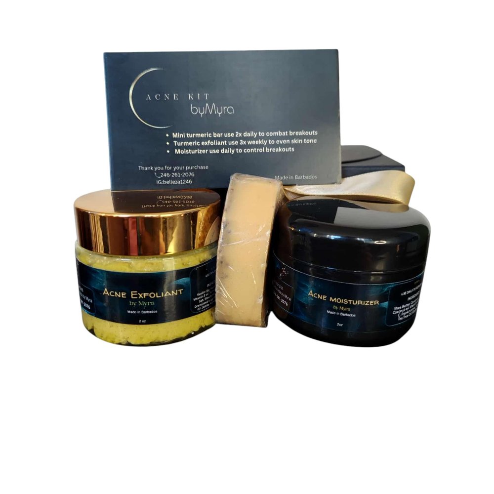 Barbados Made " By Myra" 3 piece Acne Kit: Mini Tumeric bar, Tumeric Exfoliant & Moisturiser