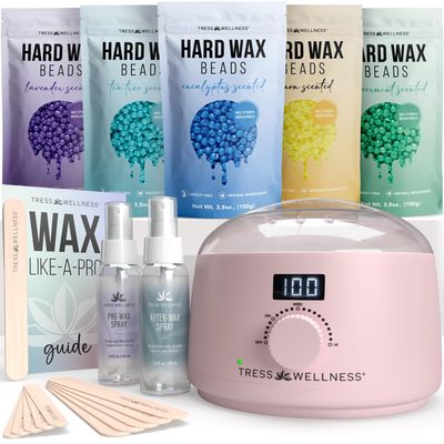 Tress Wellness Award Winning Waxing Kit for Sensitive Skin Safe for Face & Skin, Easy to Use At-Home Kit for Face, Bikini, Brazilian & Full Body - Digital Display, Pink