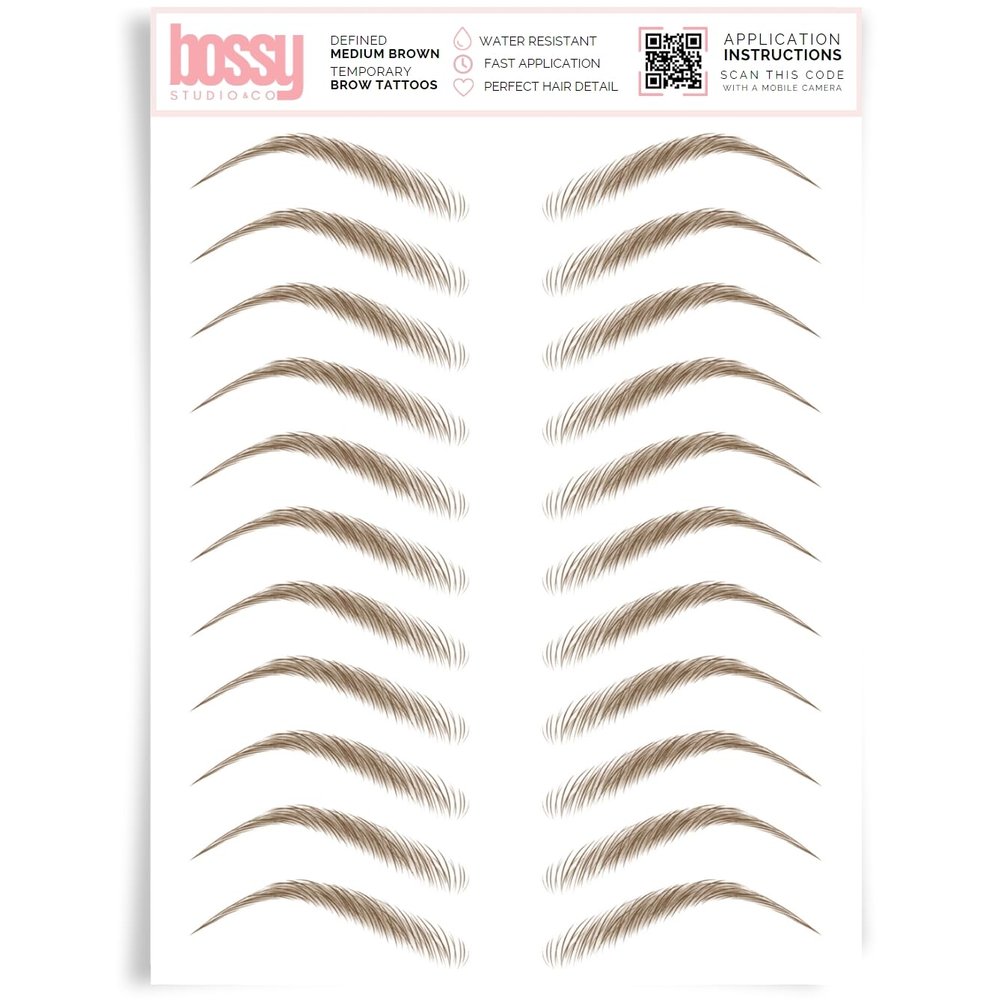 Brows by Bossy Studio & Co Temporary Eyebrow Tattoos Waterproof Eyebrow Stickers, False Tattoos Hair Like Peel Off Instant Transfer Brow defined medium brown