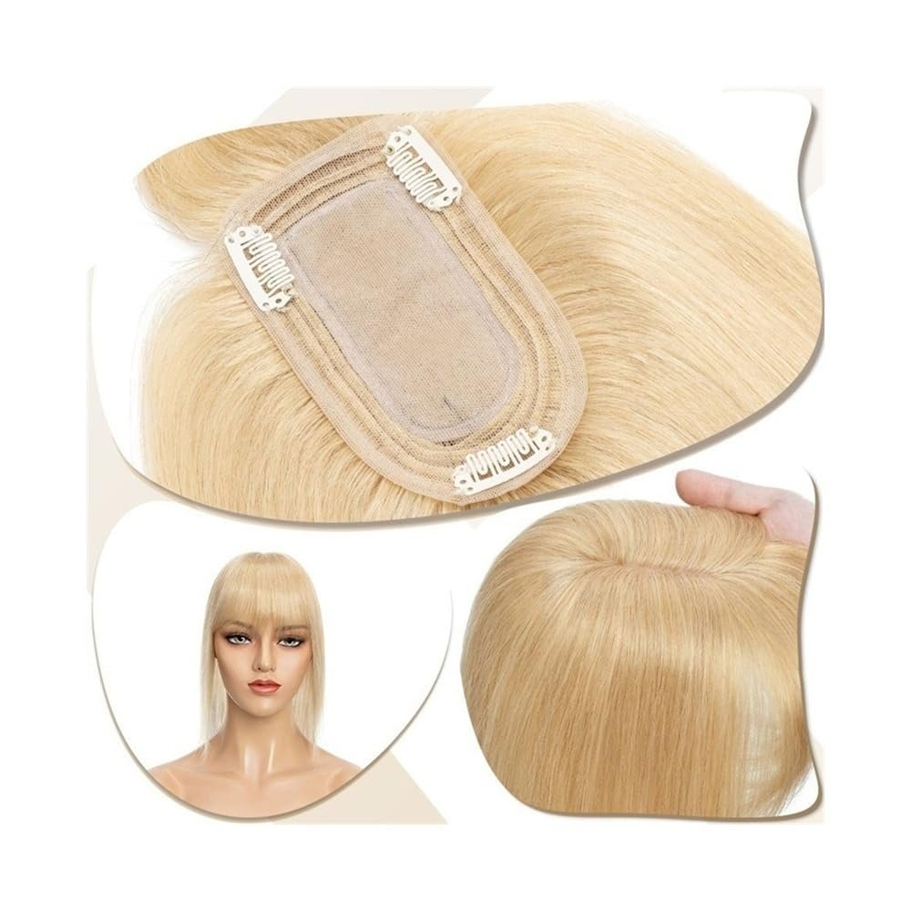 Hair Topper, Hair Toppers for Women 6"-18" Real Human Hair with Bangs, 7x12.5cm Silk Base Clip In Hair Extension 150% Densiny Indian Hair Straight Hair Pieces ,for Women with Thinning(Natural Blonde,1