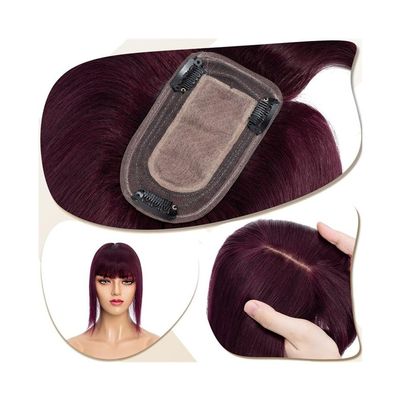 Hair Topper, Hair Toppers for Women 6"-18" Real Human Hair with Bangs, 7x12.5cm Silk Base Clip In Hair Extension 150% Densiny Indian Hair Straight Hair Pieces ,for Women with Thinning(Wine Red,6 inch)