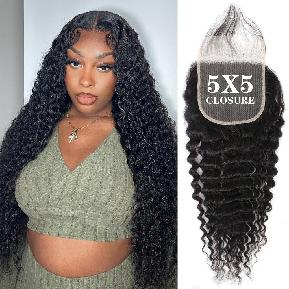 5x5 Closure Deep Wave Regular HD Lace Closure, 200% Density, 12A Brazilian Virgin Human Hair Closure Pre Plucked with Baby Hair Natural Black 16 Inch