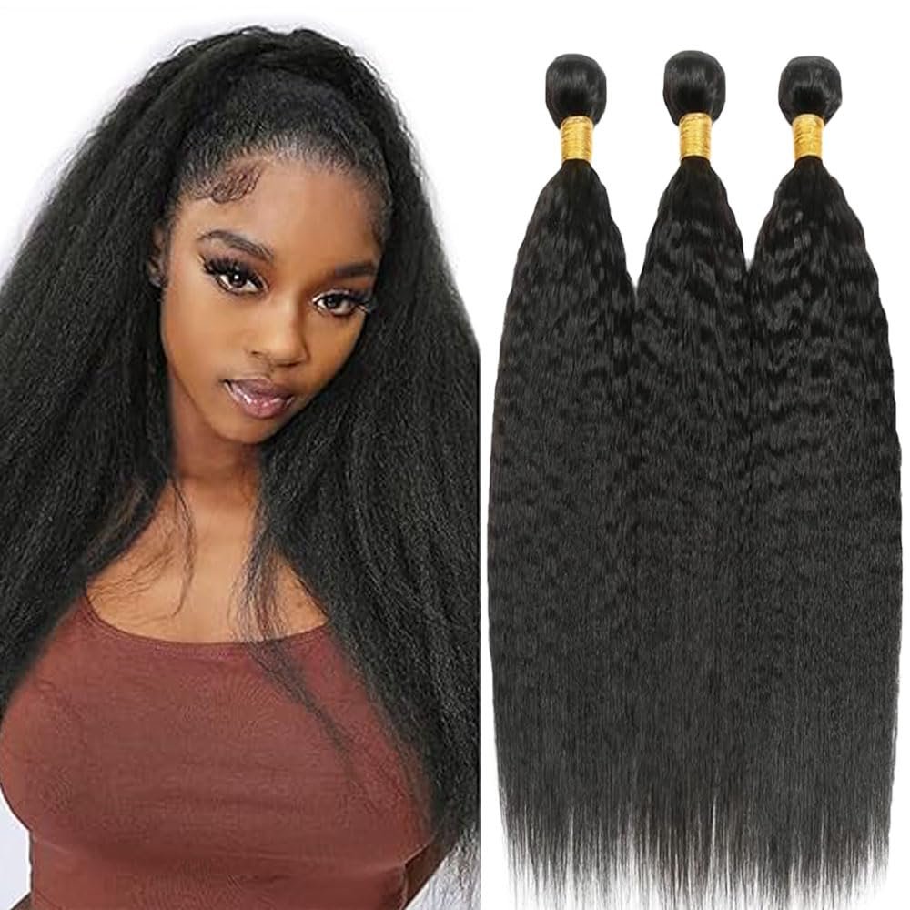 Yaki Wave Human Hair Bundles Natural Balck 20 22 24 Inch Kinky Straight Bundles Human Hair Unprocessed Brazilian Virgin Quick Weave Hair for Black Women with Black Color