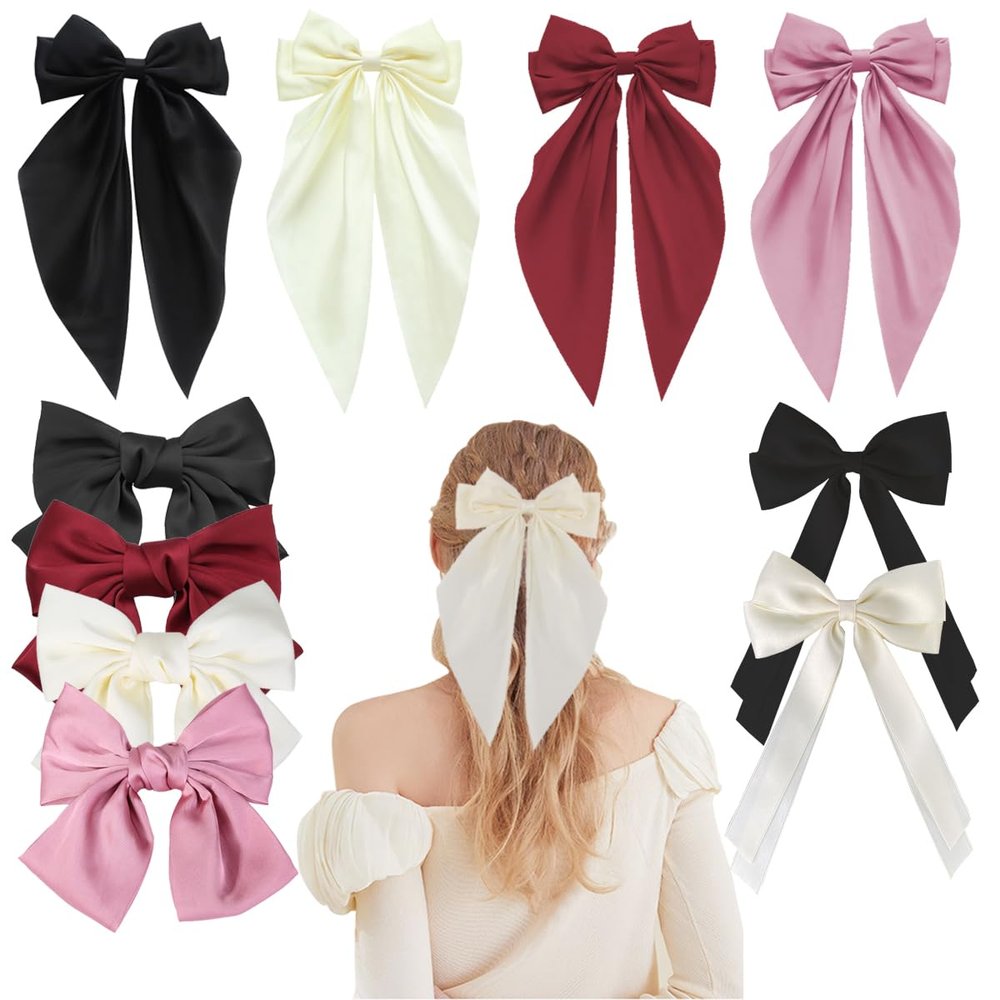 10Pcs Hair Bows for Women, XingyLi Silky Satin Bow Hair Clips with Long Tail, Ribbon Bowknot Hair Barrettes, Large Bow French Style Hair Accessories, Cute Alligator Metal Clips for Women Girls