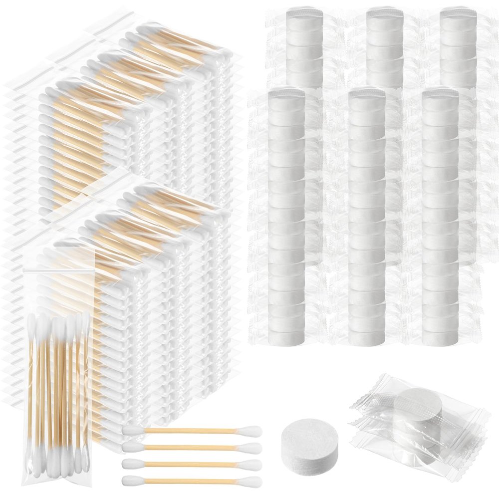 Dansib 1000 Cotton Swabs Travel Size Individually Packaged Double Headed Cotton Swabs and 200 Compressed Towels Portable Disposable Towels Suitable for Travel Hotel Hiking Camping Outdoor Wedding