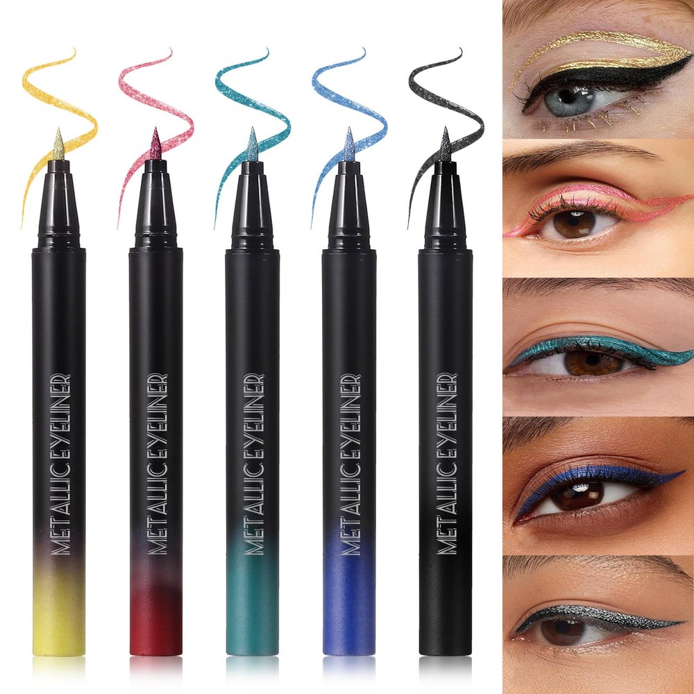5 Color Glitter Liquid Eyeliner Kit- Shimmery Gold, Blue, Green, Red, Black Metallic Sparkling Eye Liner Pens- Waterproof,Smudge-Proof, Fine Tip, All-Day Wear Colorful Eyeliner Women Makeup Gift-Set B