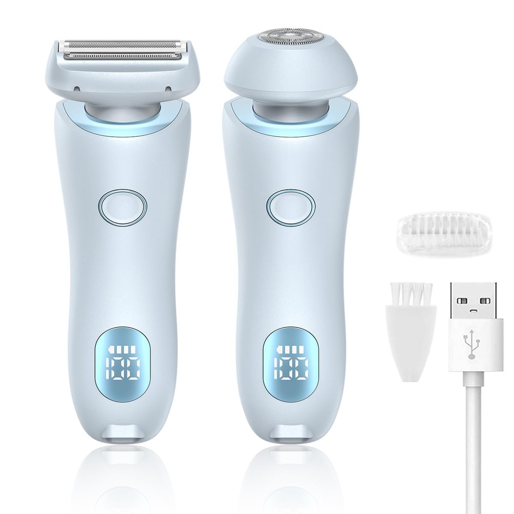 Electric Shaver for Women - Painless Lady Razor Facial Hair Remover 2-in-1 Wet and Dry Cordless Portable Bikini Trimmer for Face Armpit Legs Body - Rechargeable IPX7 Waterproof Hair Removal (Blue)