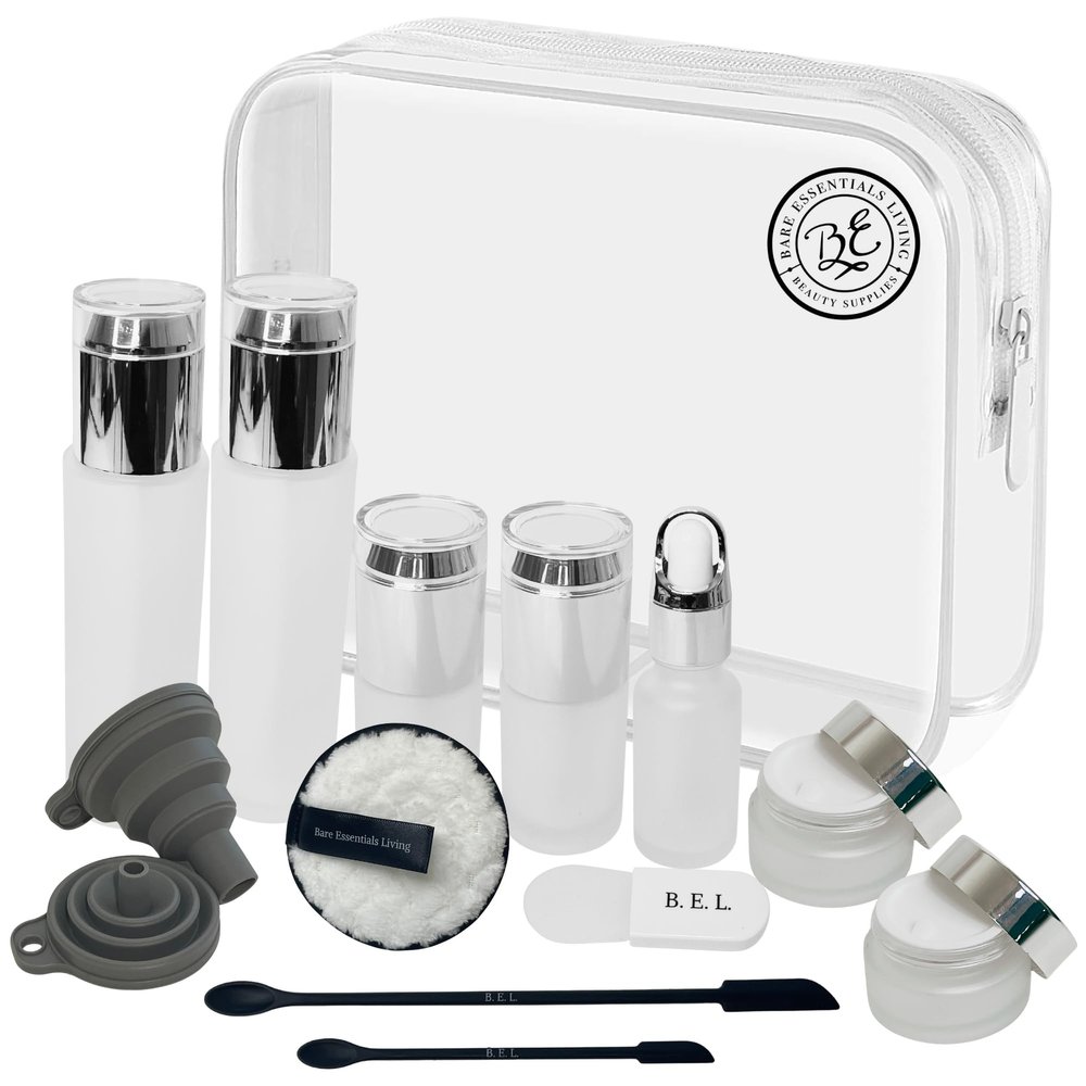 14 Pcs Travel Skincare Containers Set-TSA Approved Toiletry Bag & Glass Travel Bottles for Toiletries Pump, Spray & Dropper Bottles Travel Size Containers for Foundation, Serum Moisturizer Oil & Cream