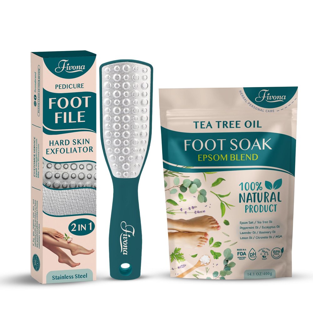 Fivona 2 in 1 Foot Care Kit - Epsom Salt Foot Soak Blend with Tea Tree and Essential Oils - Double-Sided Foot File Stainless Steel Pedicure Tool for Cracked Heels, Callus Remover