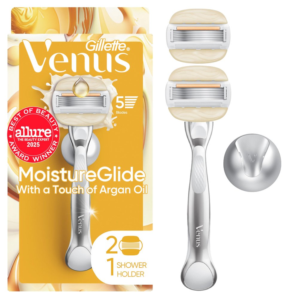 Venus Moistureglide Women's Razor, Reusable Handle, 2 Razor Blade Refills and Shower Holder