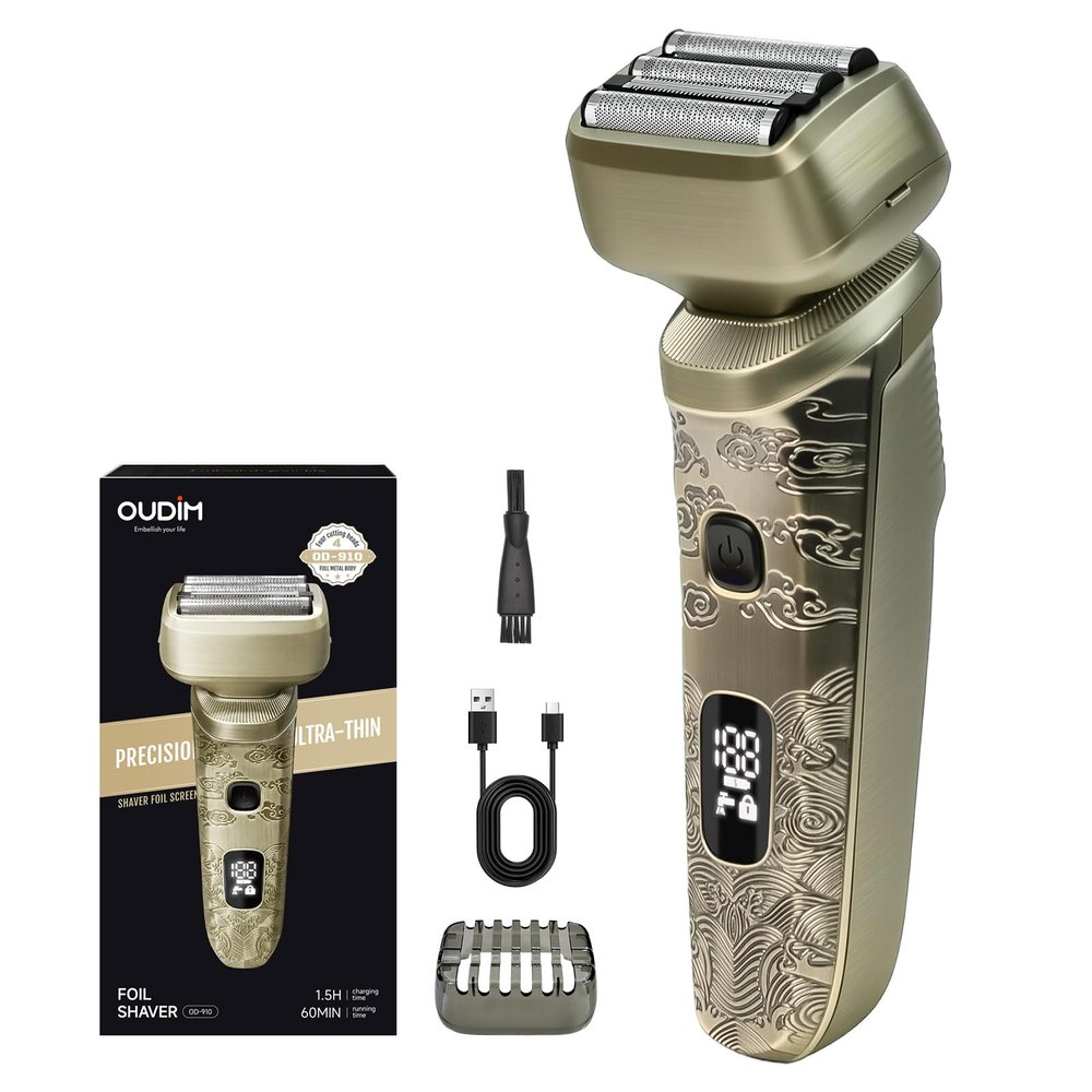 Electric Shaver with Digital Display, Metallic Gold Finish