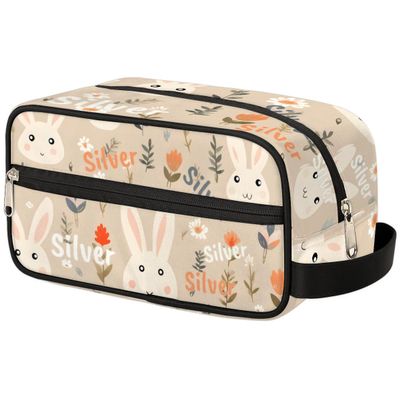 Custom Name Cute Rabbits Beige Toiletry-Bag for Women-Girls, Personalized Cosmetic Makeup Bag, Large Capacity Hanging Kit for Shopping Travel Weekend,Holiday Birthday Gifts for Kids Girls Friends