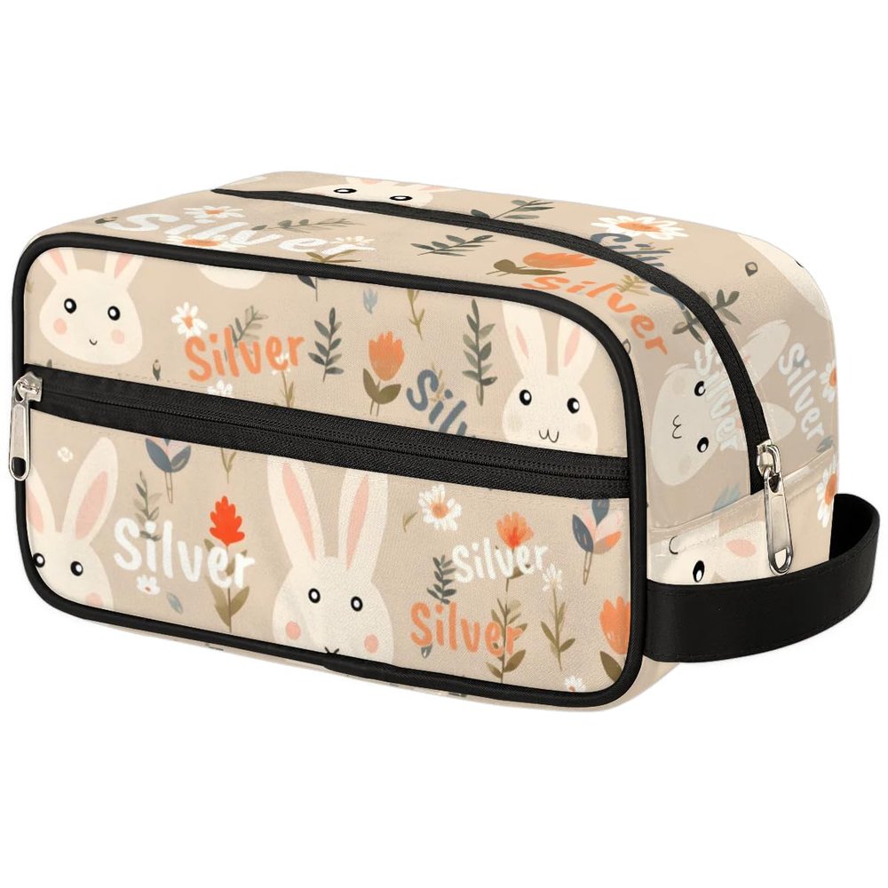 Custom Name Cute Rabbits Beige Toiletry-Bag for Women-Girls, Personalized Cosmetic Makeup Bag, Large Capacity Hanging Kit for Shopping Travel Weekend,Holiday Birthday Gifts for Kids Girls Friends