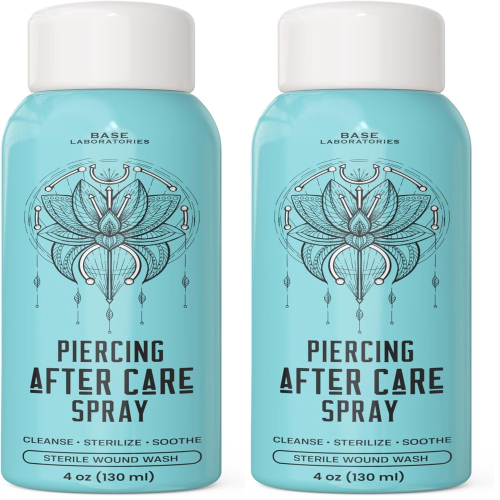 BASE LABORATORIES Piercing Aftercare Spray 4oz | Saline Spray for Piercings | Ear Piercing Cleaner Spray | Saline Solution for Piercings | Piercing & Keloid Bump Removal for Ears, Belly Nose Piercings