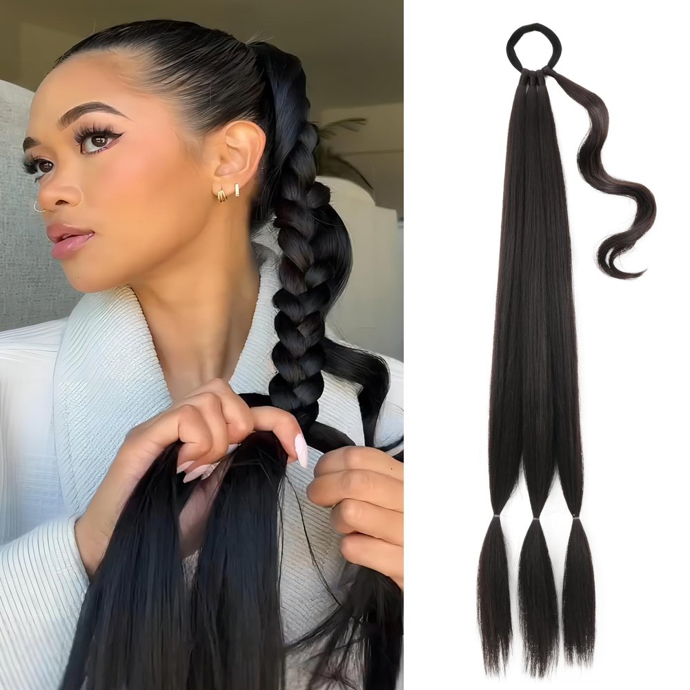 Long Braided Ponytail Extension with Hair Tie Wrap Around Straight Hair Extension Ponytail 34 Inches Natural Soft Synthetic Hairpiece for Women Daily Weddings Parties and Festivals Wear 150 Gram Black