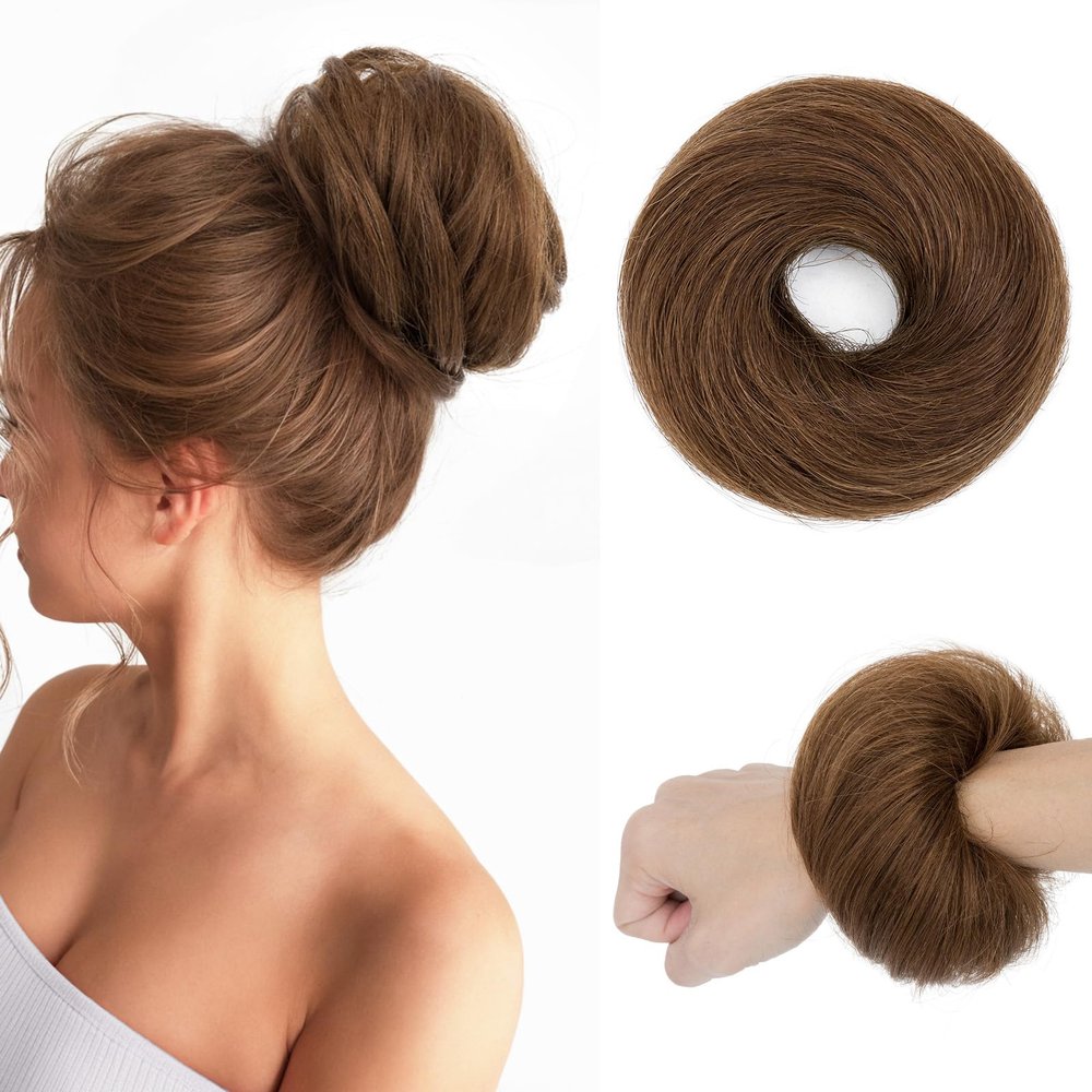 Benehair Human Hair Messy Bun Hair Piece Scrunchies Real Human Hair Thick Updo Hairpiece for Daily Wear Real Hair Ponytail Extension for Women Girls-Dark Brown