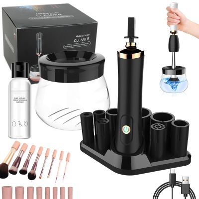 Brush Cleaning Kit, Makeup Brush Cleaning Kit, With 3 Adjustable Speeds, 8 Size Rubber Collars, 30s Automatic Brush Washer And Dryer (Black, Charge Type)