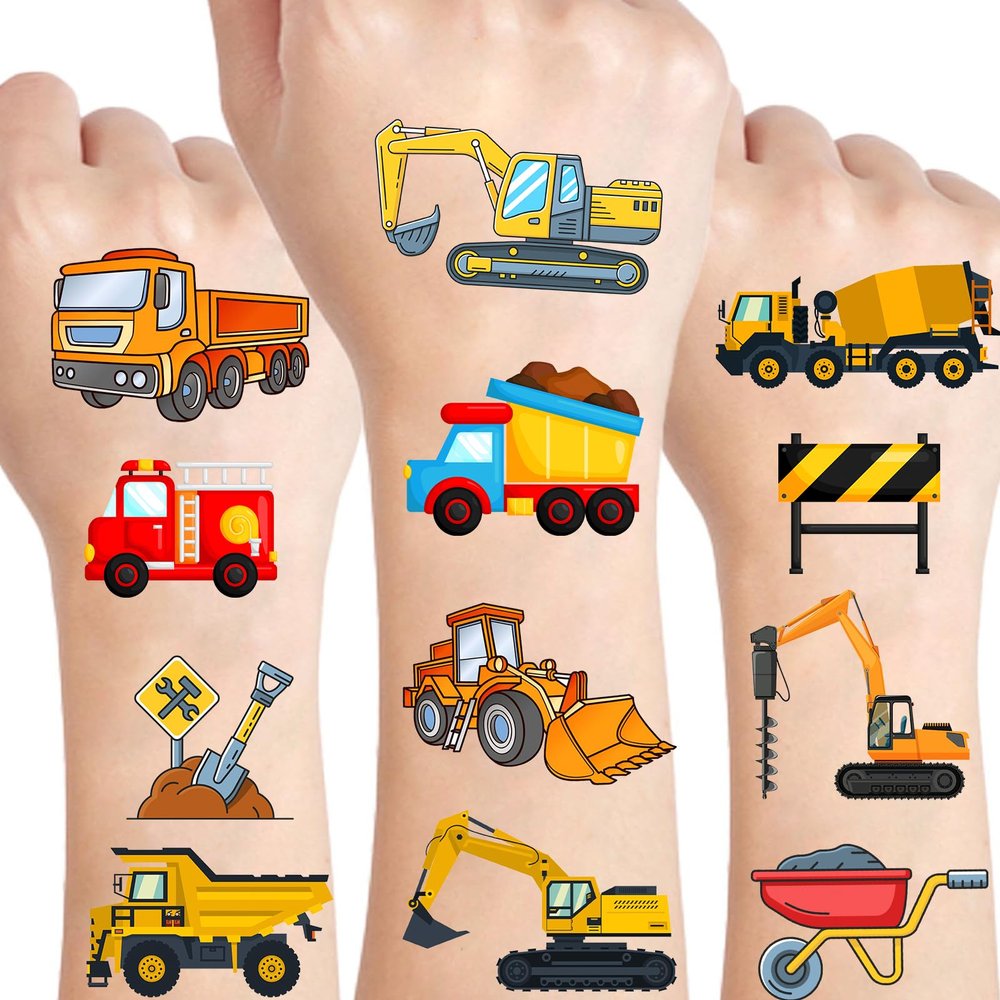 10 Sheets Construction Trucks Temporary Tattoo for Kids, 120 Pcs Vehicles Fake Tattoos for Boys Party Favors, Cars Birthday Supplies Decorations