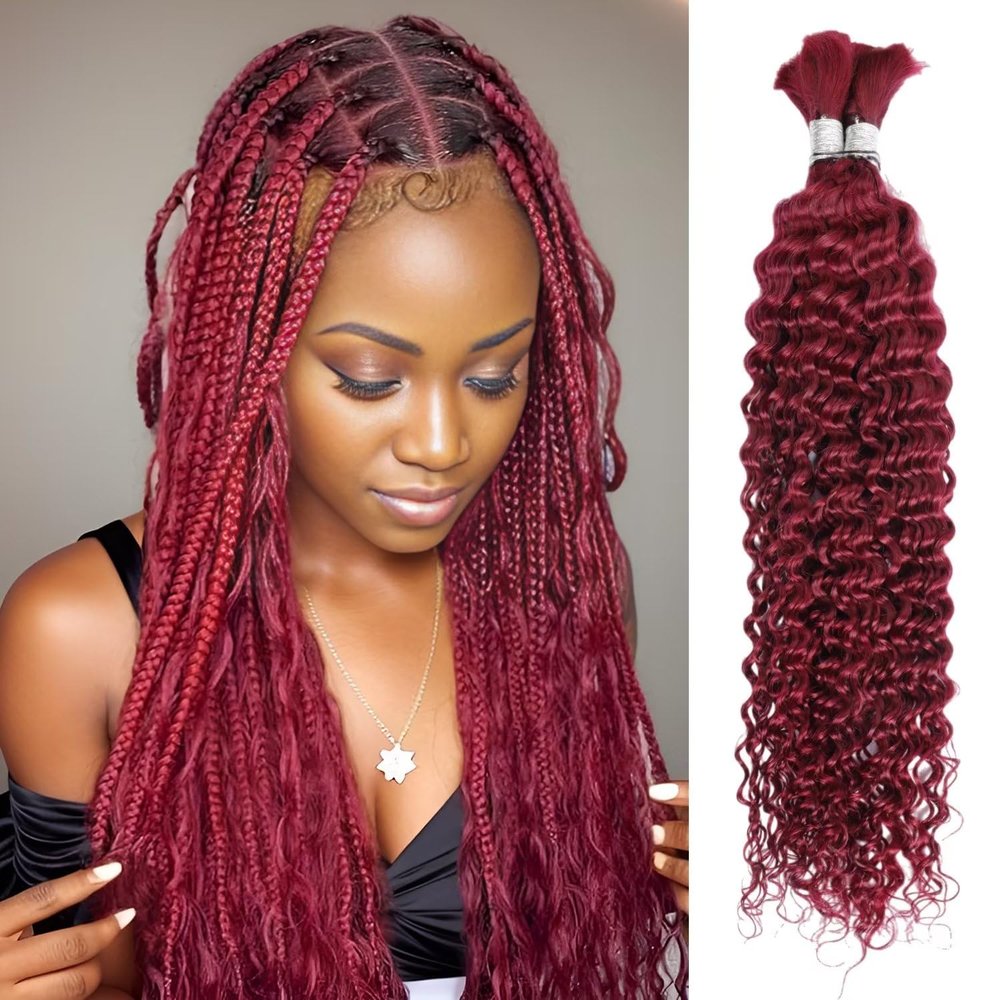100g 22 Inch Human Braiding Hair 99J Red Deep Wave Bulk Human Hair for Braiding No Weft 12A Brazilian Virgin Curly Human Hair Extensions for Boho Braids Wet and Wavy Burgundy Braiding Hair