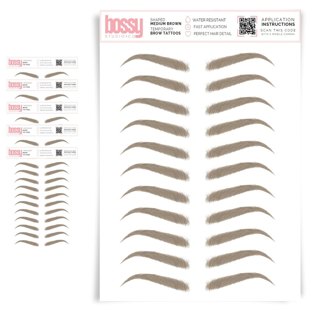 5 Pack Temporary Eyebrow Tattoos Waterproof Eyebrow Stickers, False Tattoos Hair Like Peel Off Instant Transfer Brows For Women And Men | Natural Strokes, Shaping (shaped, medium brown)