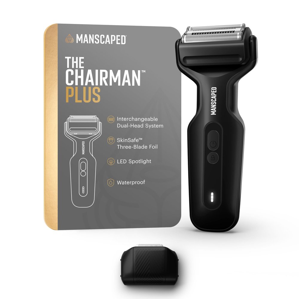 MANSCAPED The Chairman Plus Mens Electric Foil Face Shaver - Two Interchangeable Blade Heads, SkinSafe Three-Blade Foil & Precision Sideburn & Jawline Trimmer, USB-C Charging, Gentle on Neck Area